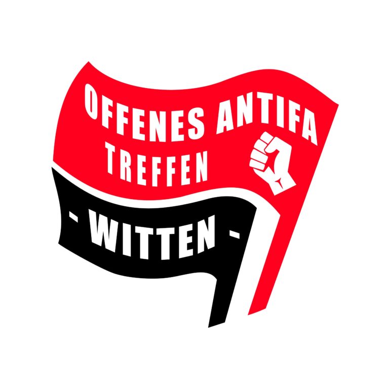 [Zwei Flaggen (abgewandeltes Antifa-Symbol) mit der Beschriftung „Offenes Antifa-Treffen Witten“]